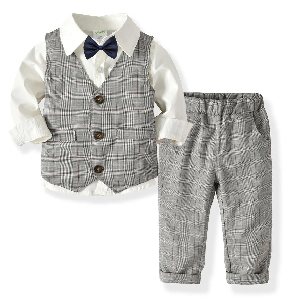 4-Piece Boy Classic Gray Checkered Gentleman Suit (3 Colors)