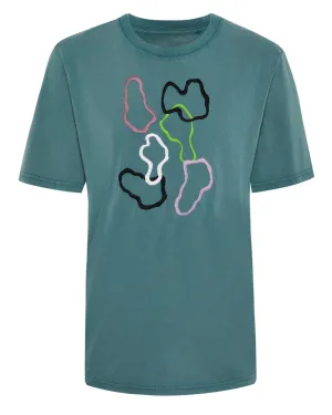 Abstract Embroidered Organic Cotton T-Shirt Teal