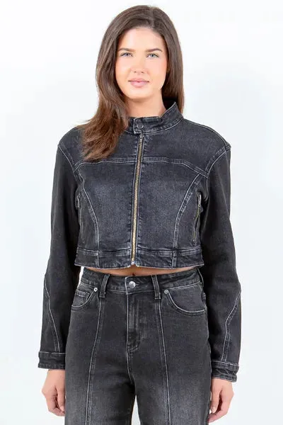 American Bazi Full Size Zip Up Cropped Denim Rider Jacket Plus Size