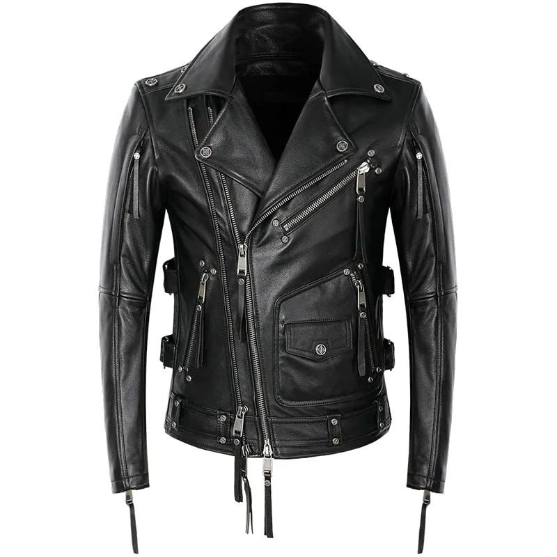American Motorcycle Style Leather Jacket Men Natural Genuine