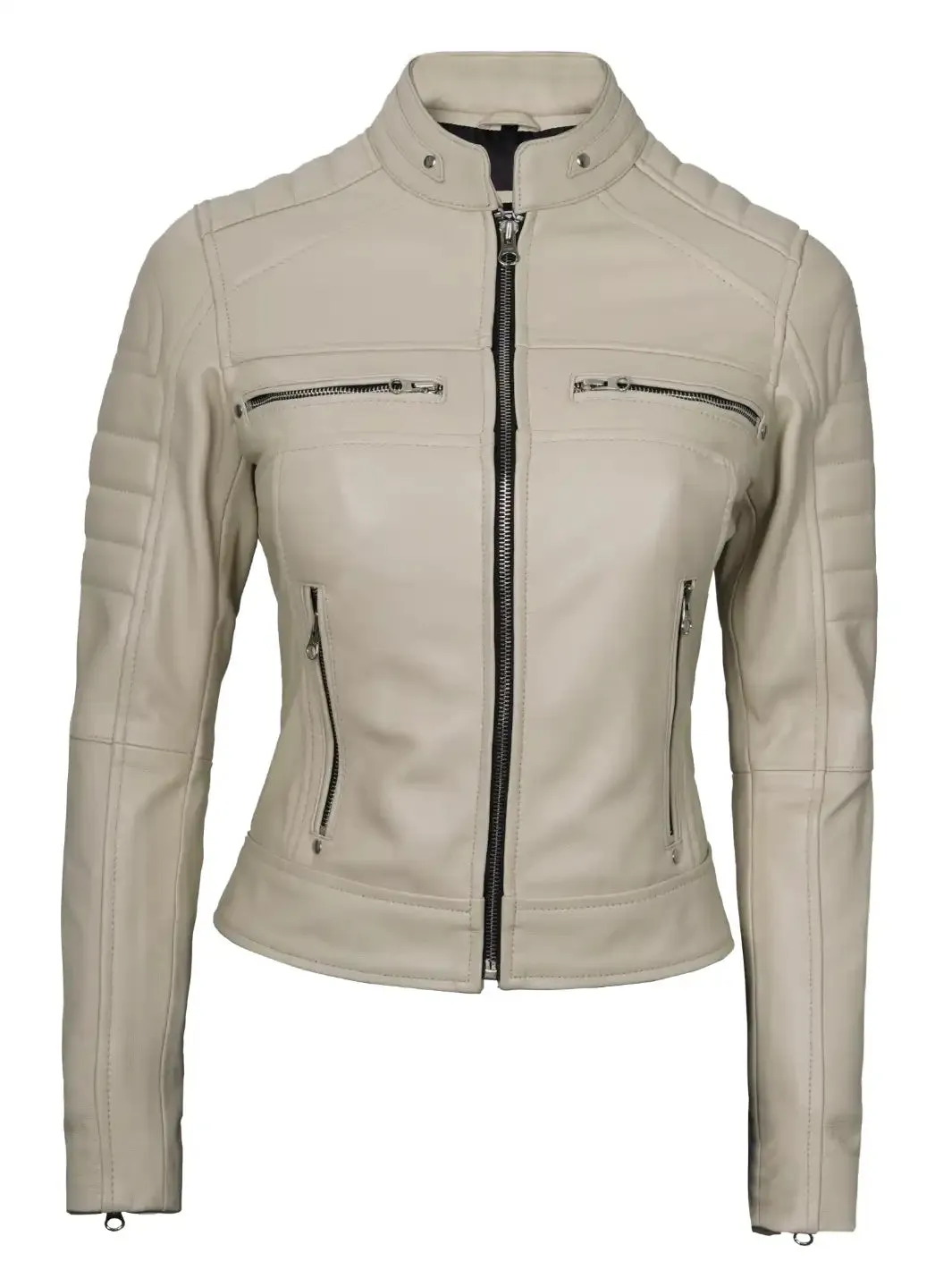 Austin Women Beige Cafe Racer Leather Jacket