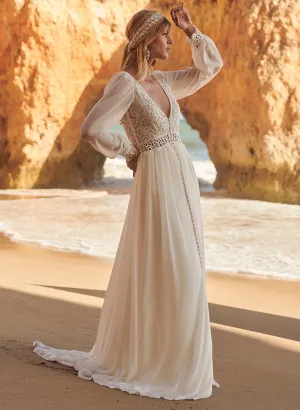 Ball-Gown V-Neck Long Sleeves Tulle Lace Sweep Train Wedding Dresses Pleated Lace
