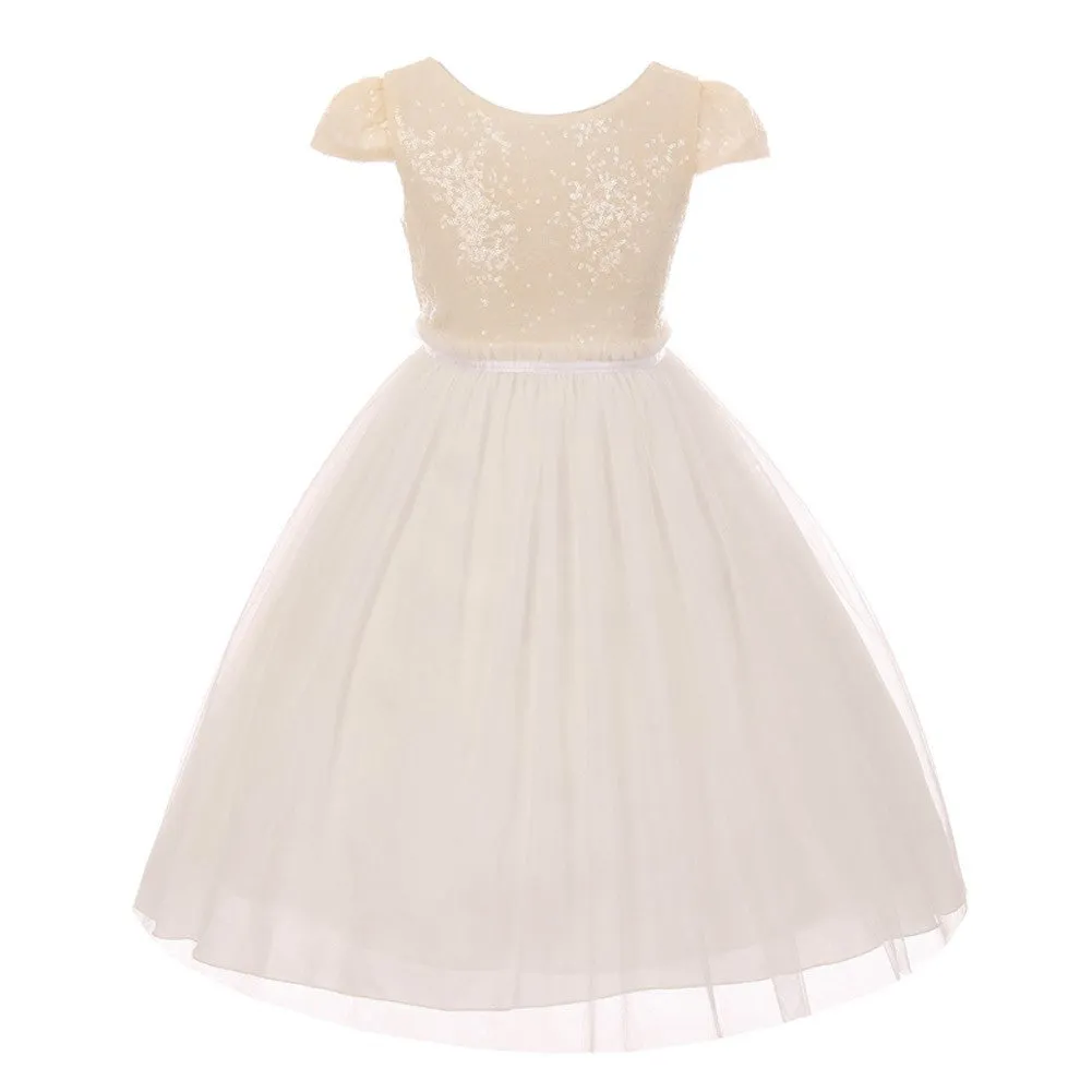 Big Girls Ivory Sequins Tulle Cap Sleeves Junior Bridesmaid Dress 8-12