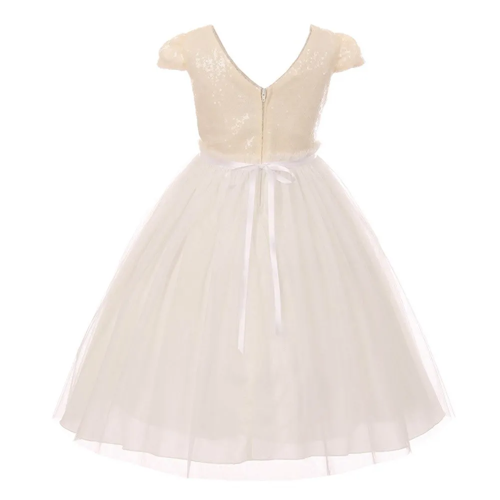 Big Girls Ivory Sequins Tulle Cap Sleeves Junior Bridesmaid Dress 8-12
