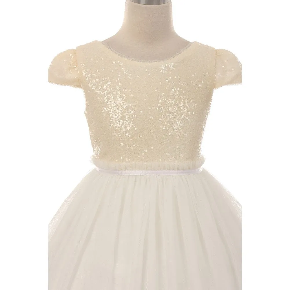 Big Girls Ivory Sequins Tulle Cap Sleeves Junior Bridesmaid Dress 8-12