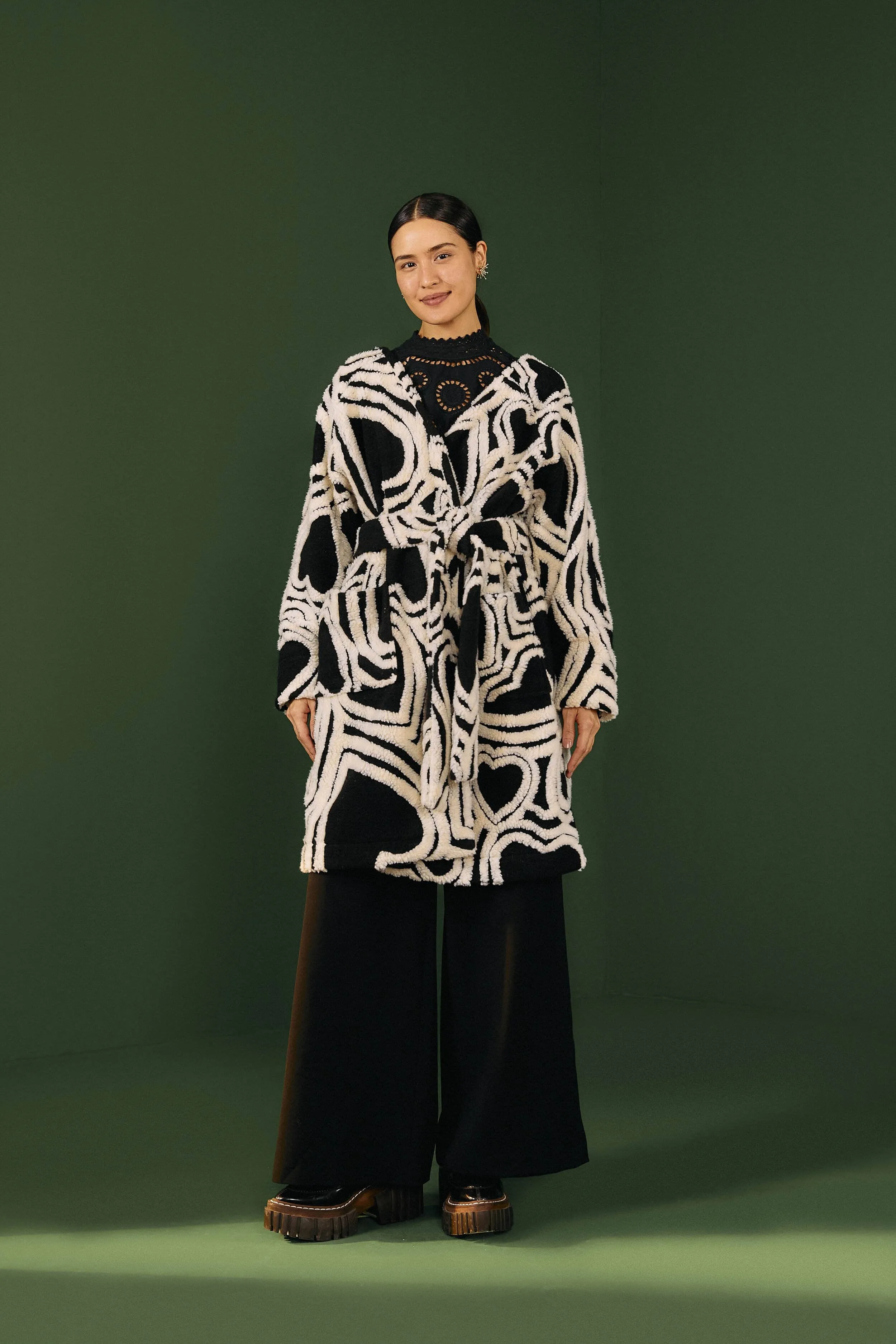 Black And White Wild Hearts Fleece Coat