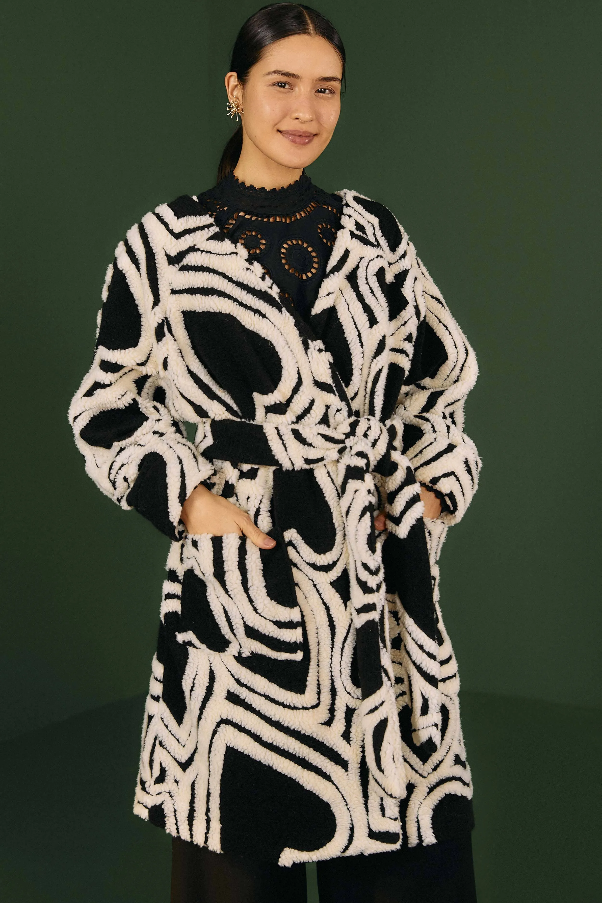 Black And White Wild Hearts Fleece Coat