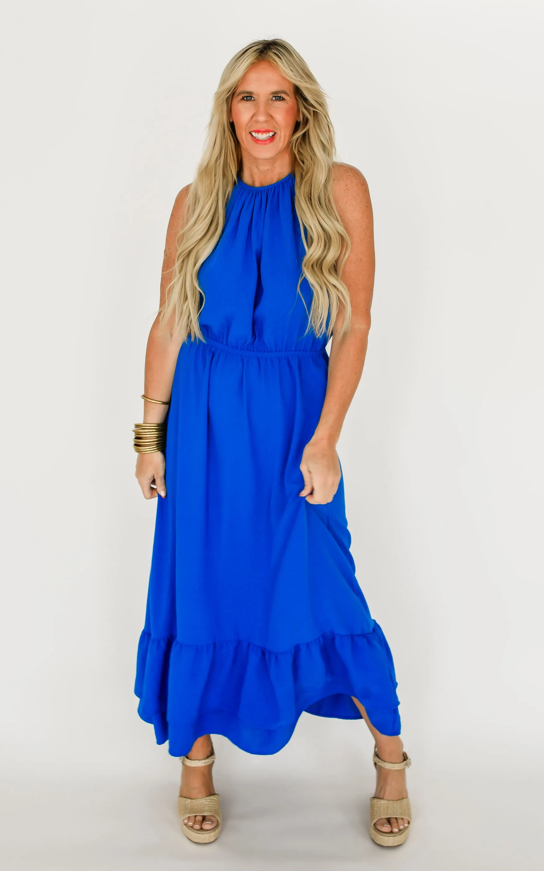 Blue Air Flow Halter Neck Maxi Dress