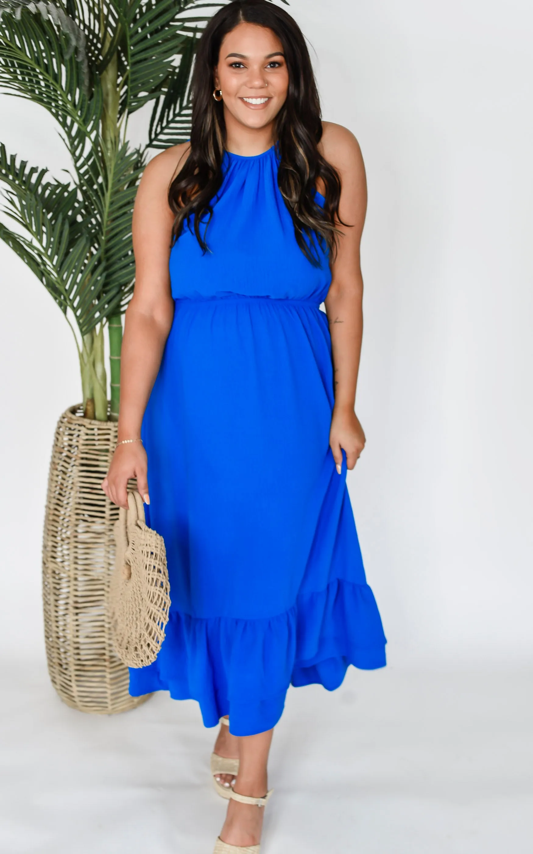 Blue Air Flow Halter Neck Maxi Dress