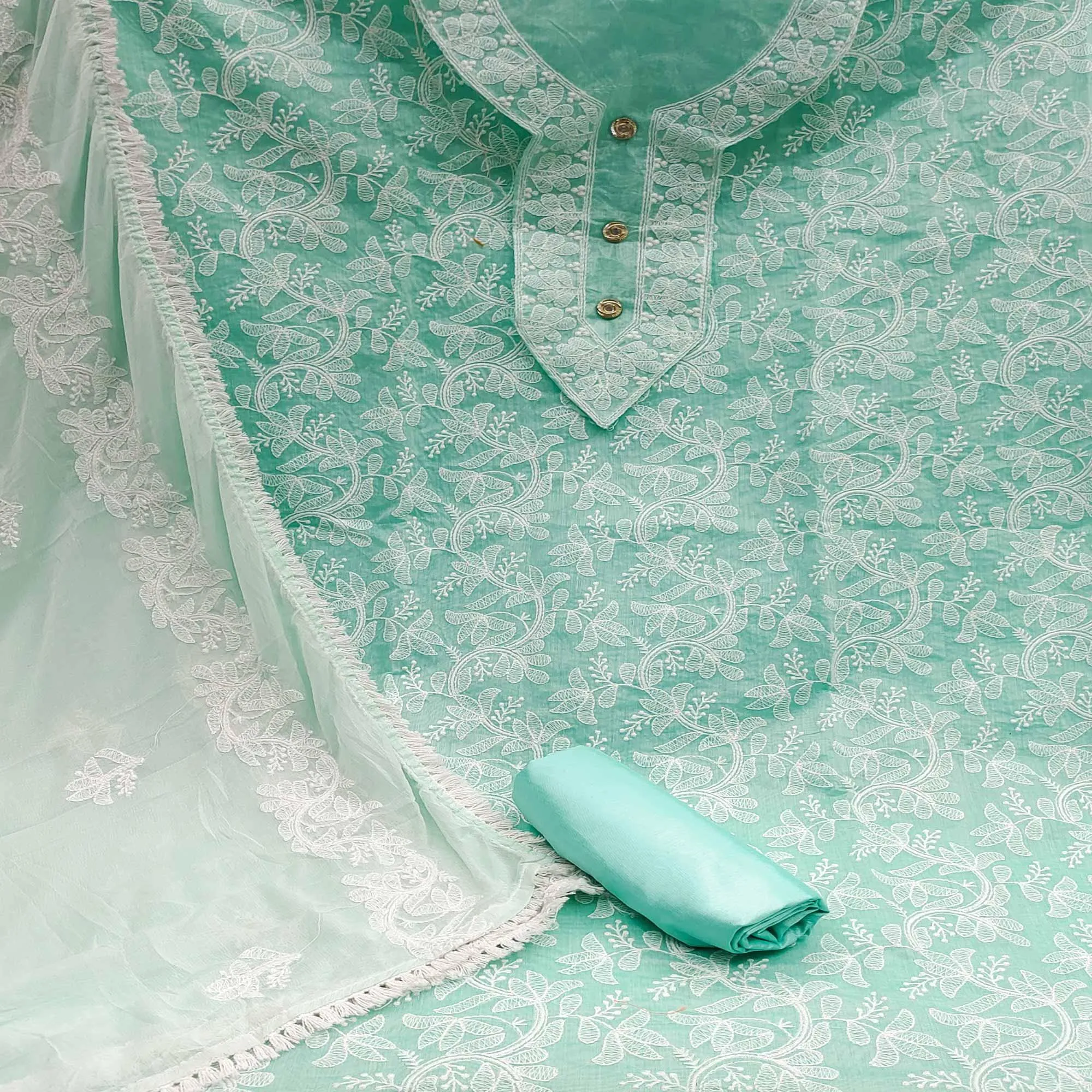 Blue Floral Embroidered Cotton Blend Dress Material