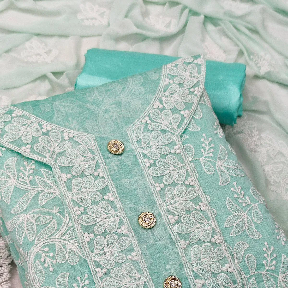 Blue Floral Embroidered Cotton Blend Dress Material