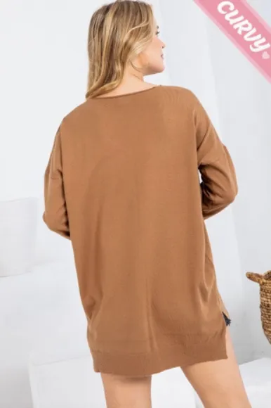 Camel - Cozy V Neck Sweater - Plus Size