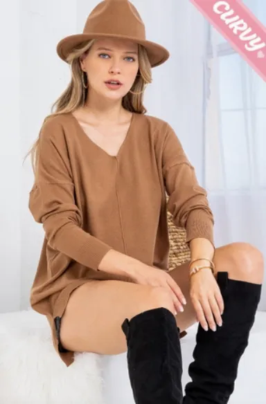 Camel - Cozy V Neck Sweater - Plus Size