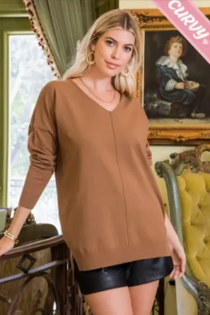 Camel - Cozy V Neck Sweater - Plus Size