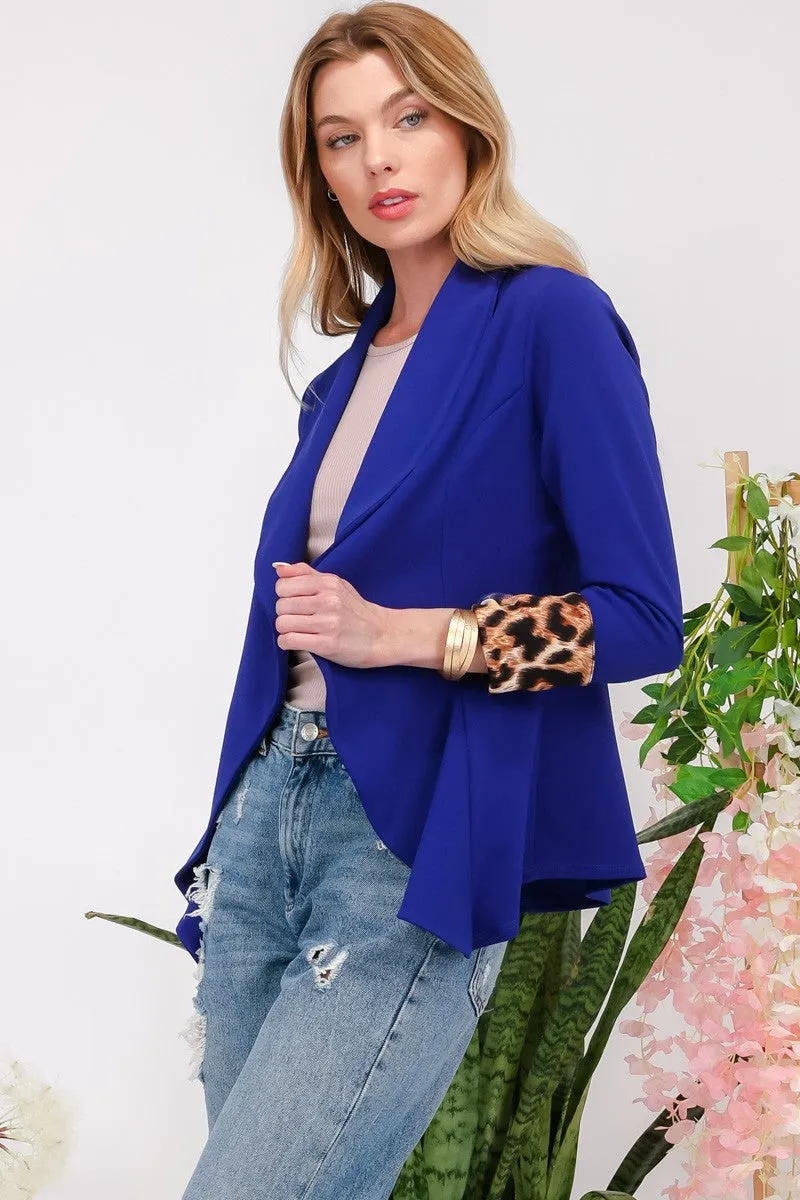 Celeste Royal Blue Rolled Leopard Cuff Open Front Blazer
