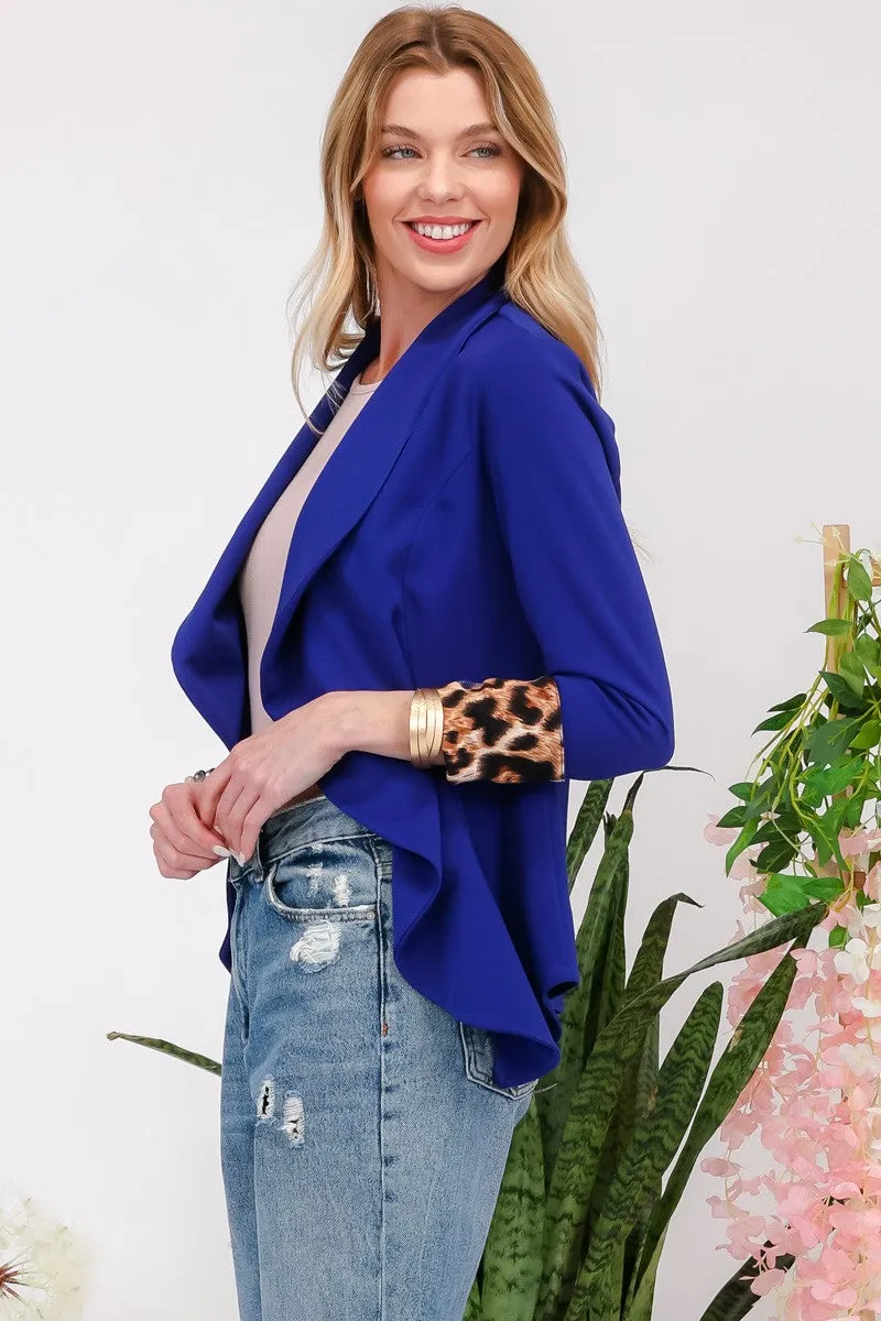 Celeste Royal Blue Rolled Leopard Cuff Open Front Blazer