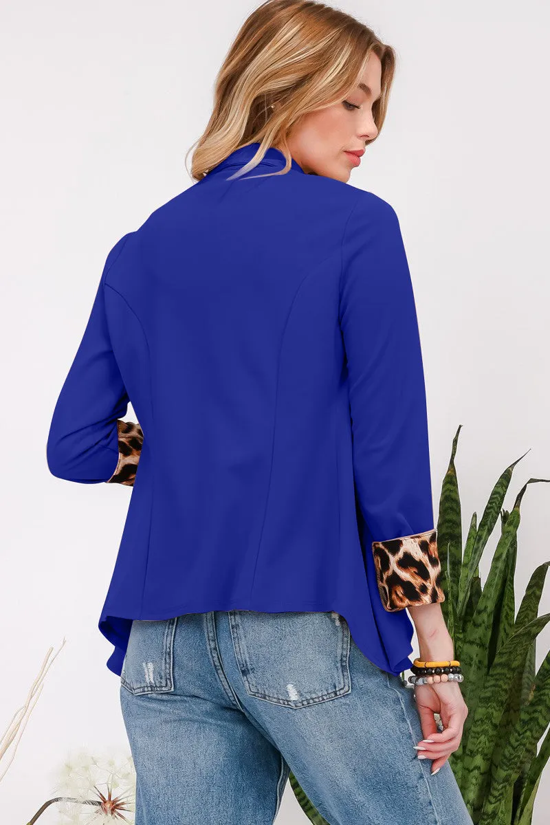 Celeste Royal Blue Rolled Leopard Cuff Open Front Blazer
