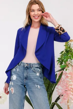 Celeste Royal Blue Rolled Leopard Cuff Open Front Blazer