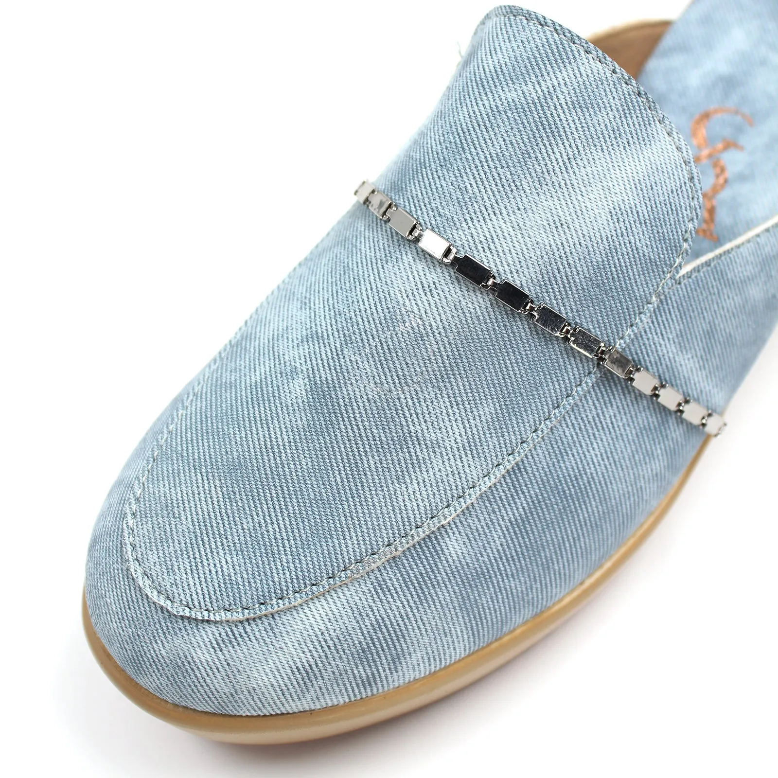 Chain detail denim mules