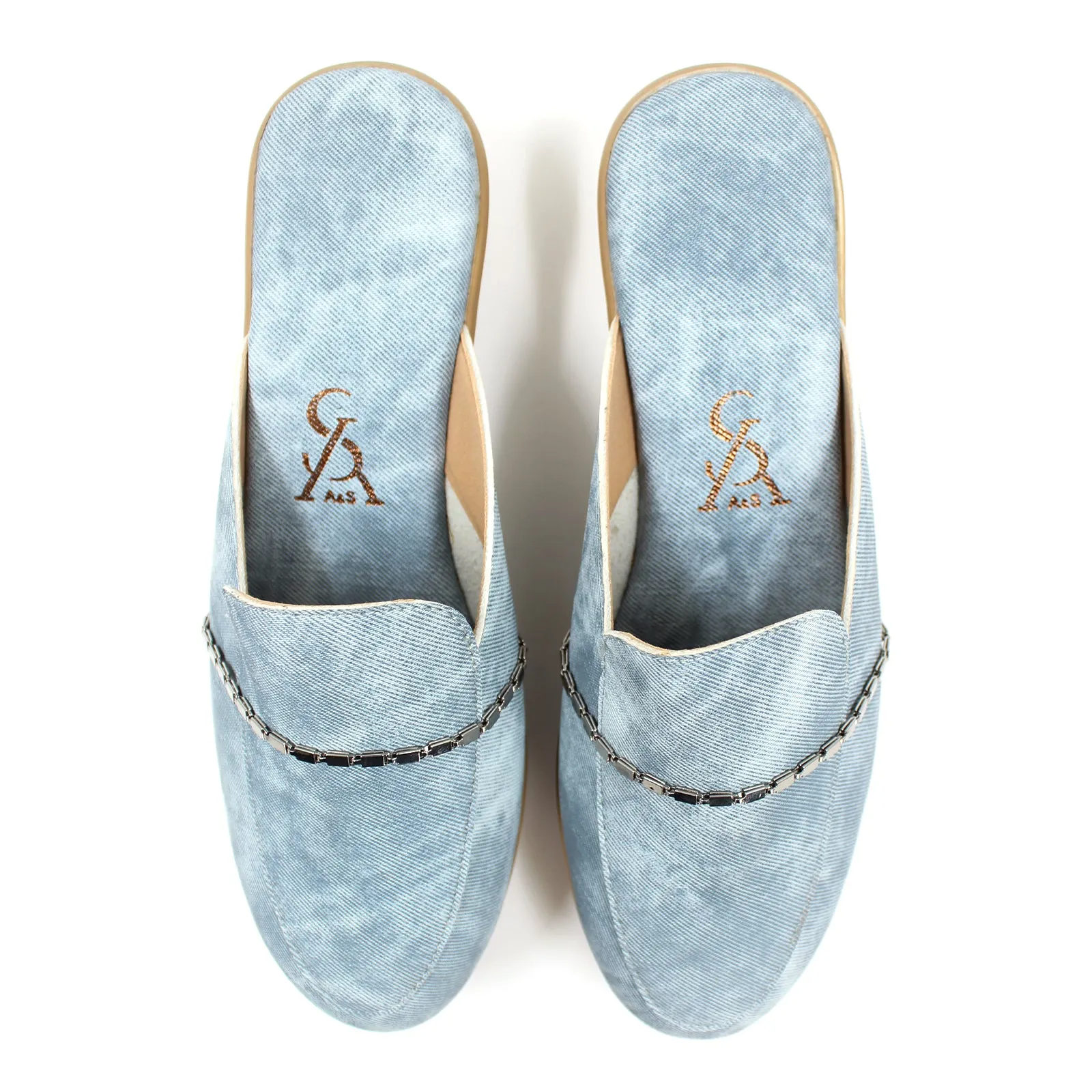 Chain detail denim mules