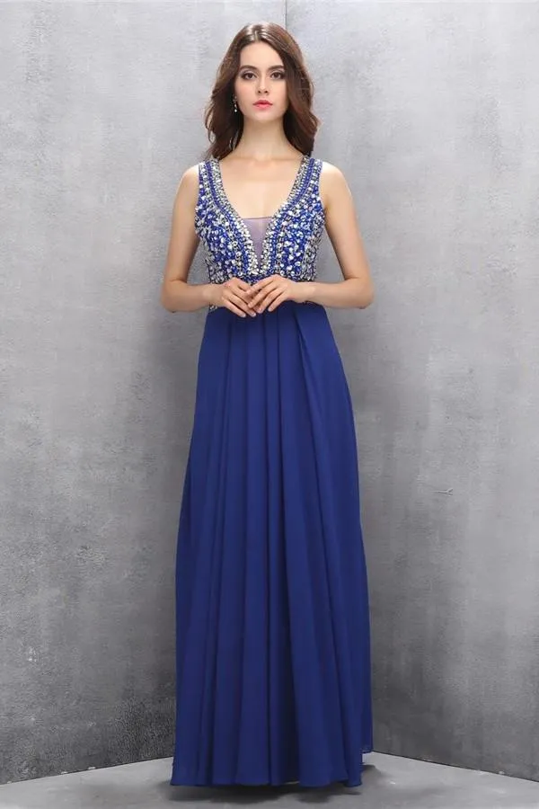 Chiffon Beading Royal Blue V-neck Long Elegant Prom Dresses PFP1163