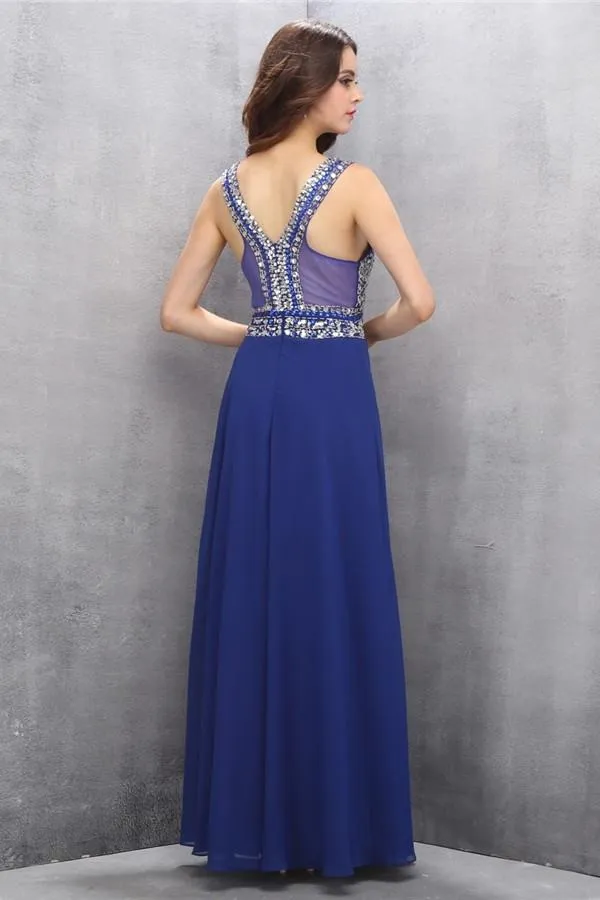 Chiffon Beading Royal Blue V-neck Long Elegant Prom Dresses PFP1163