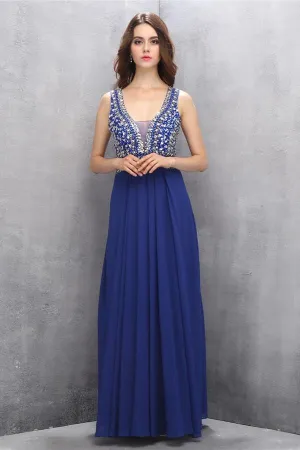 Chiffon Beading Royal Blue V-neck Long Elegant Prom Dresses PFP1163