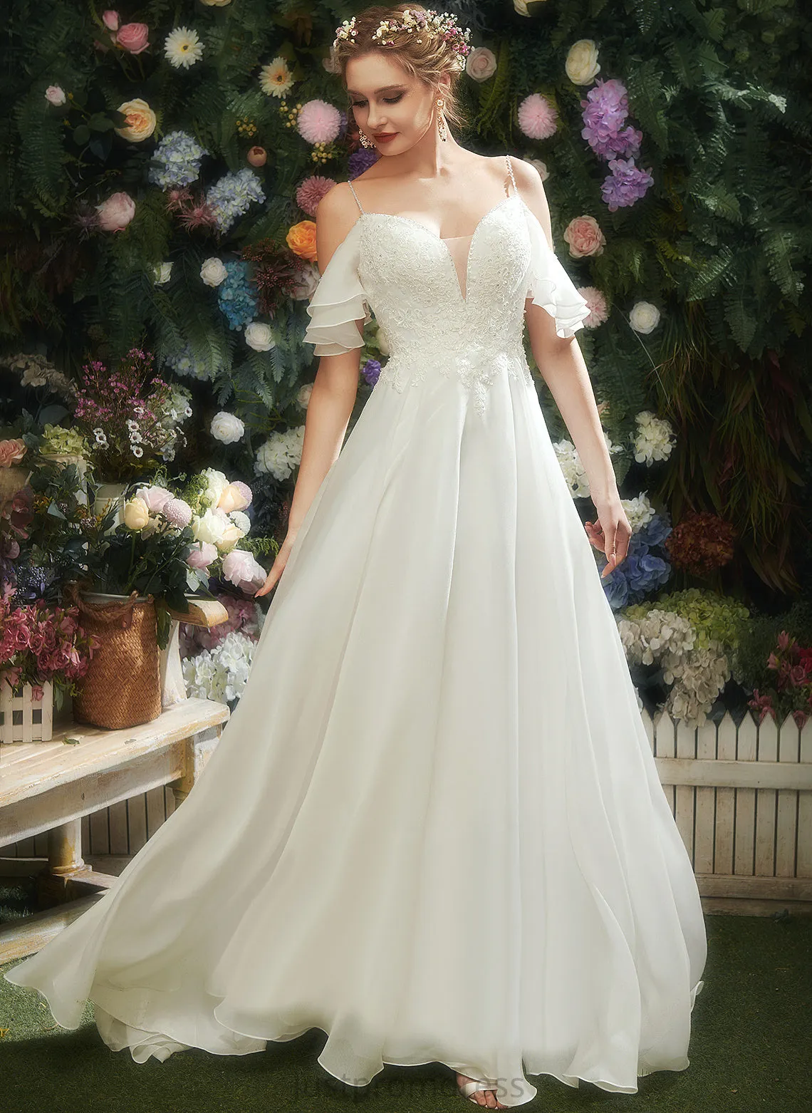 Cold Shoulder A-Line Wedding Train Wedding Dresses Organza Dress Beading Sequins Akira Court With Ruffle