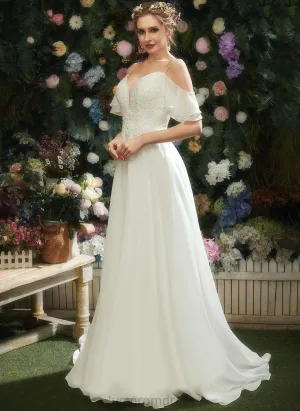 Cold Shoulder A-Line Wedding Train Wedding Dresses Organza Dress Beading Sequins Akira Court With Ruffle