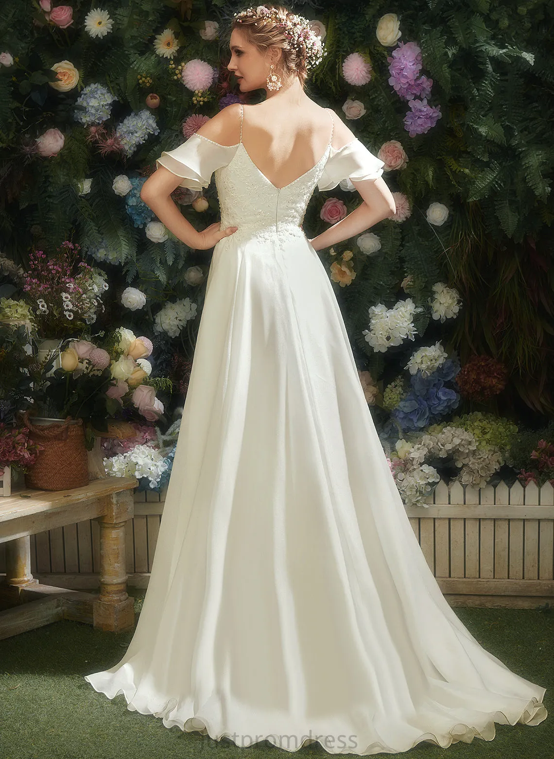 Cold Shoulder A-Line Wedding Train Wedding Dresses Organza Dress Beading Sequins Akira Court With Ruffle