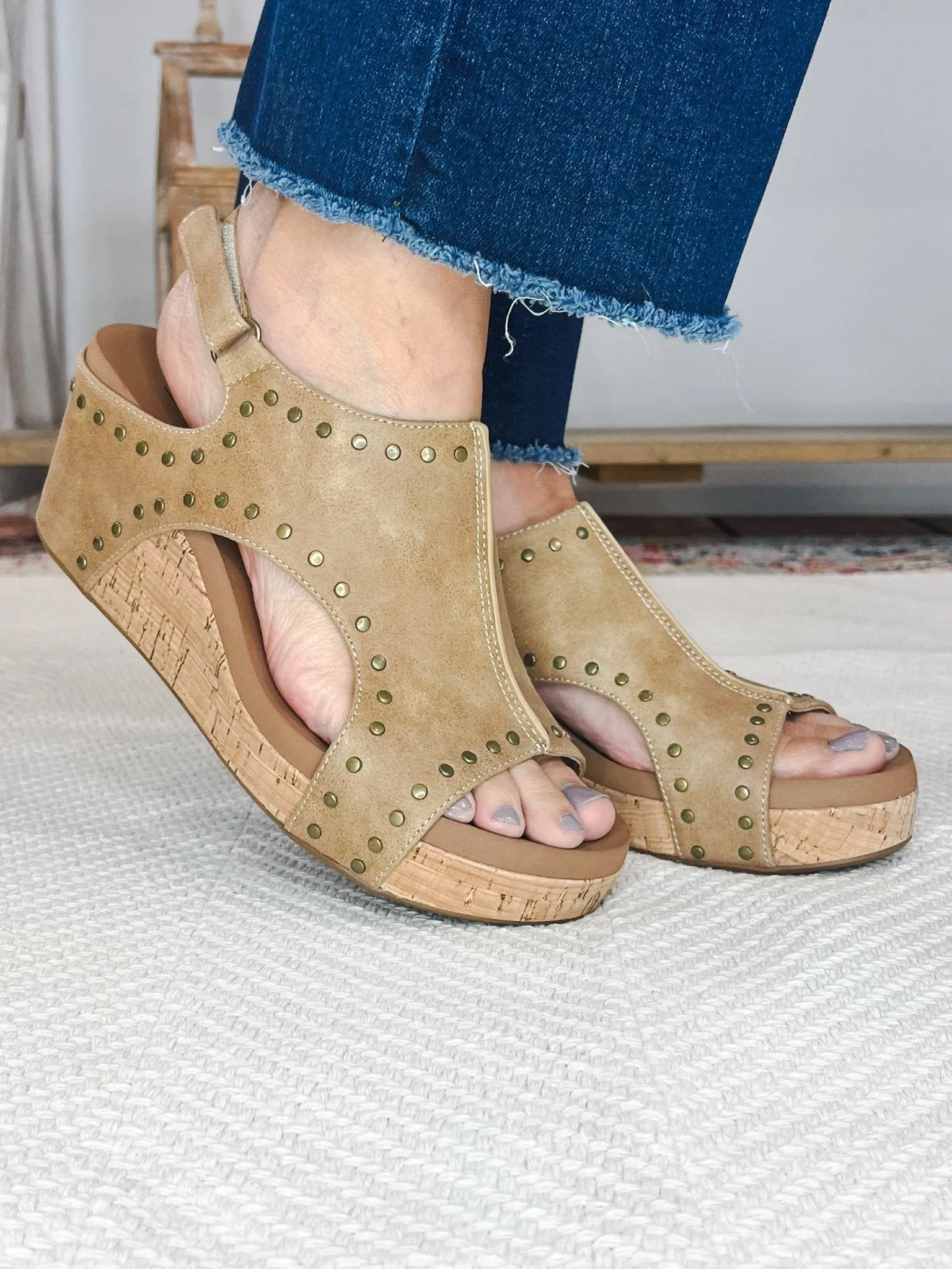 Corky's Footwear Carley Wedge Sandal - Taupe Oil with Studs