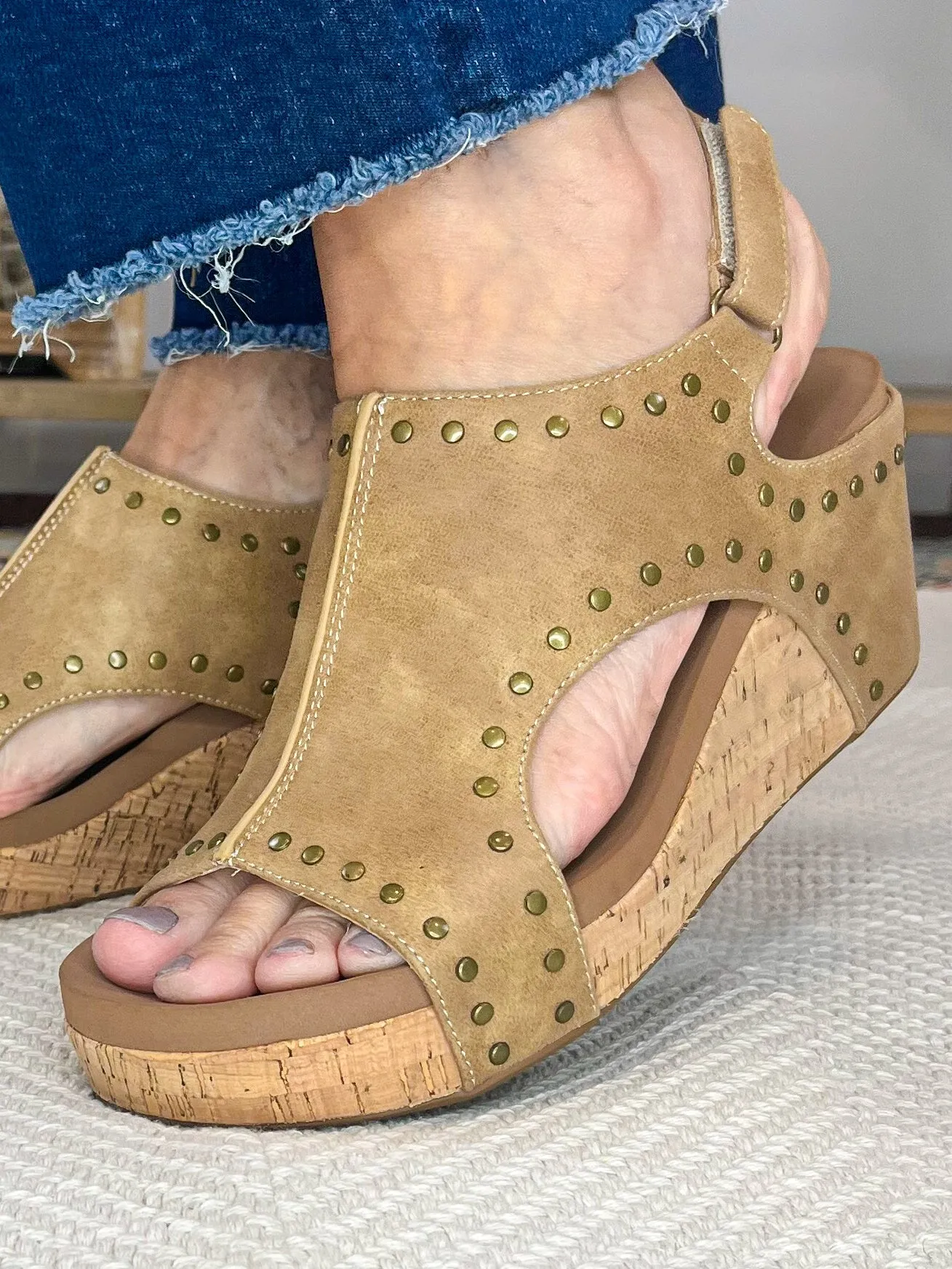 Corky's Footwear Carley Wedge Sandal - Taupe Oil with Studs