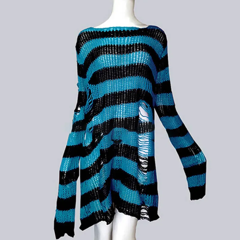 Crew Neck Striped Wool Knitted Long Sweater