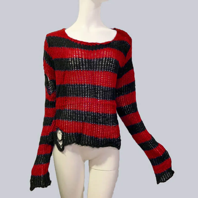 Crew Neck Striped Wool Knitted Long Sweater