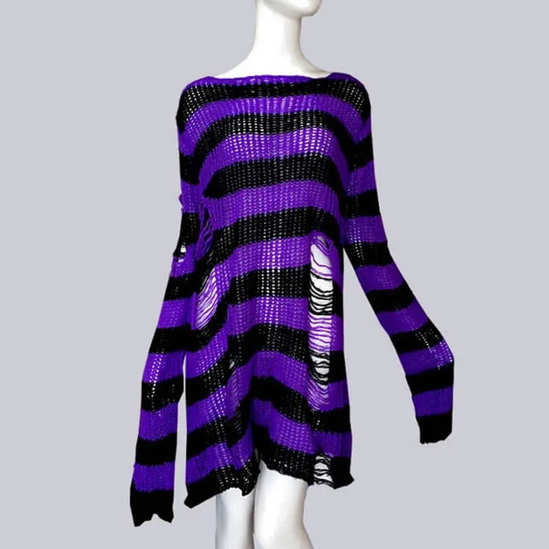 Crew Neck Striped Wool Knitted Long Sweater
