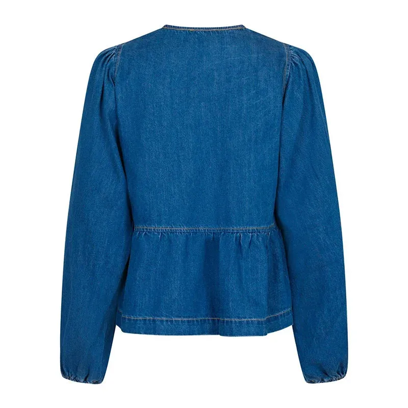 Denim Bowknot Peplum Blouse Top