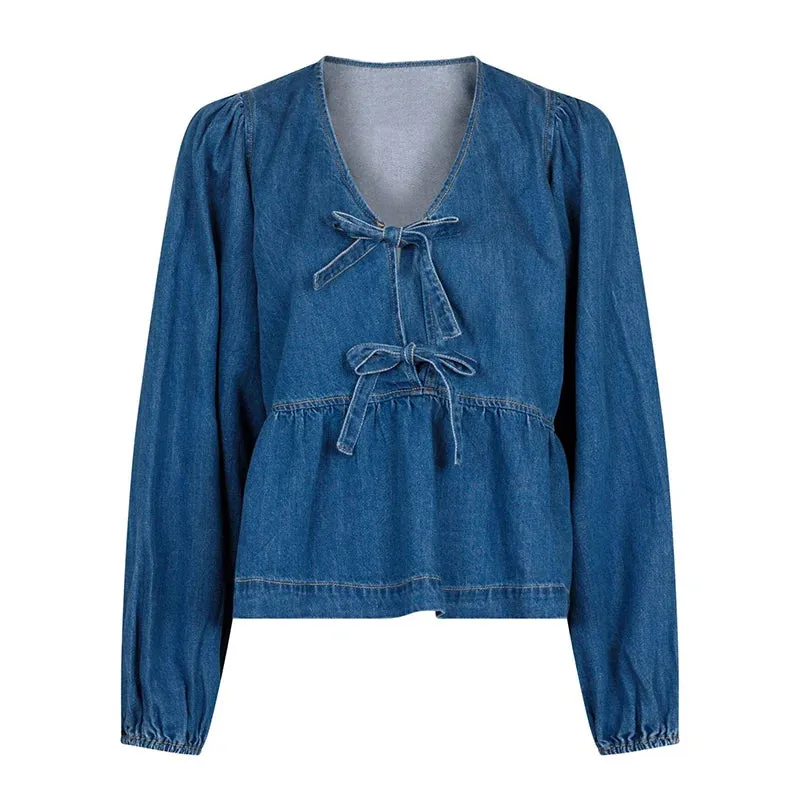Denim Bowknot Peplum Blouse Top