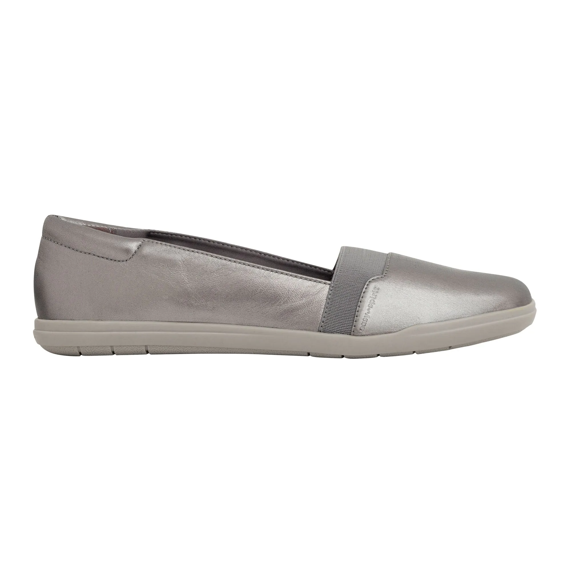 Easy Spirit Bounce Round Toe Pewter Leather Slip On Ultra Light Ballet Flats