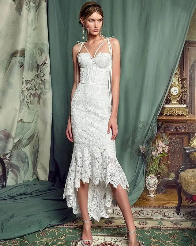 Elegant Lace White Sheath Prom Dress, Lace Simple Wedding Dress PFP1544