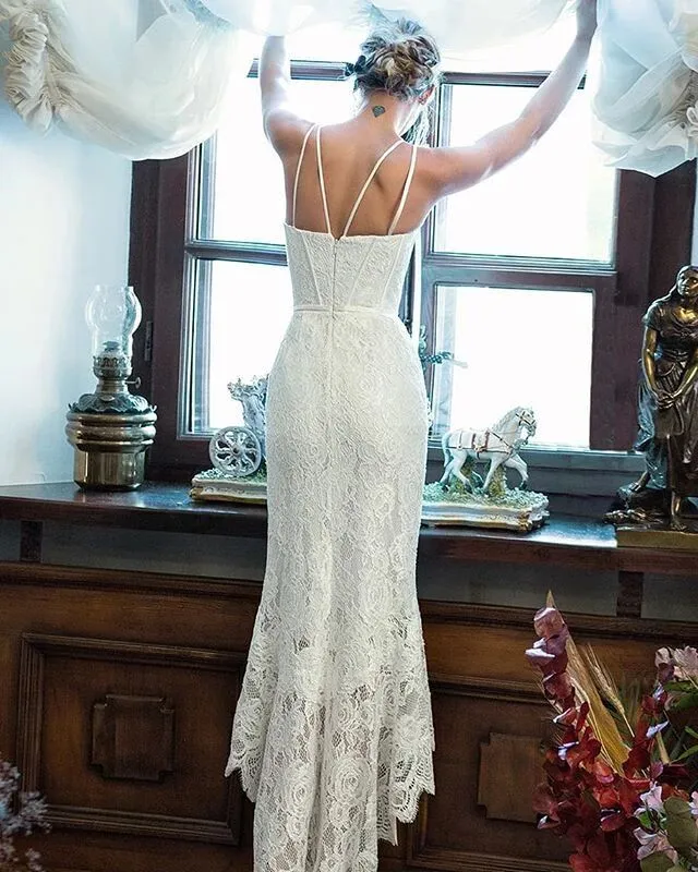 Elegant Lace White Sheath Prom Dress, Lace Simple Wedding Dress PFP1544
