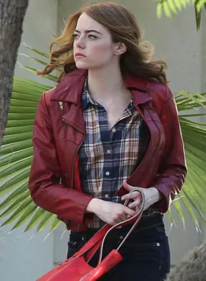 Elegant Red Leather Jacket Worn By Emma Stone | Emma Stone Elegant Red Leather Jacket