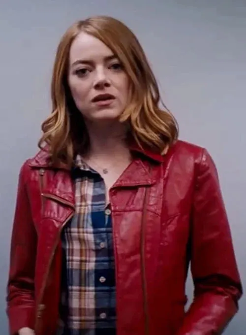 Elegant Red Leather Jacket Worn By Emma Stone | Emma Stone Elegant Red Leather Jacket