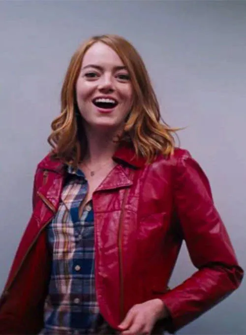 Elegant Red Leather Jacket Worn By Emma Stone | Emma Stone Elegant Red Leather Jacket