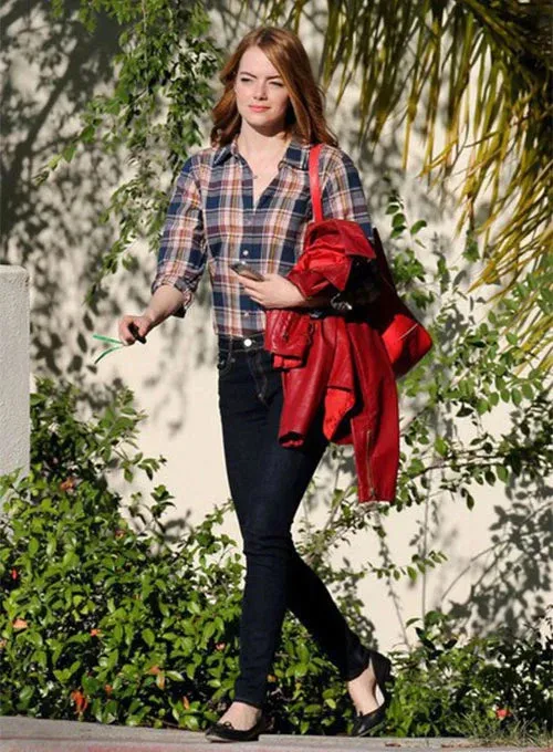 Elegant Red Leather Jacket Worn By Emma Stone | Emma Stone Elegant Red Leather Jacket