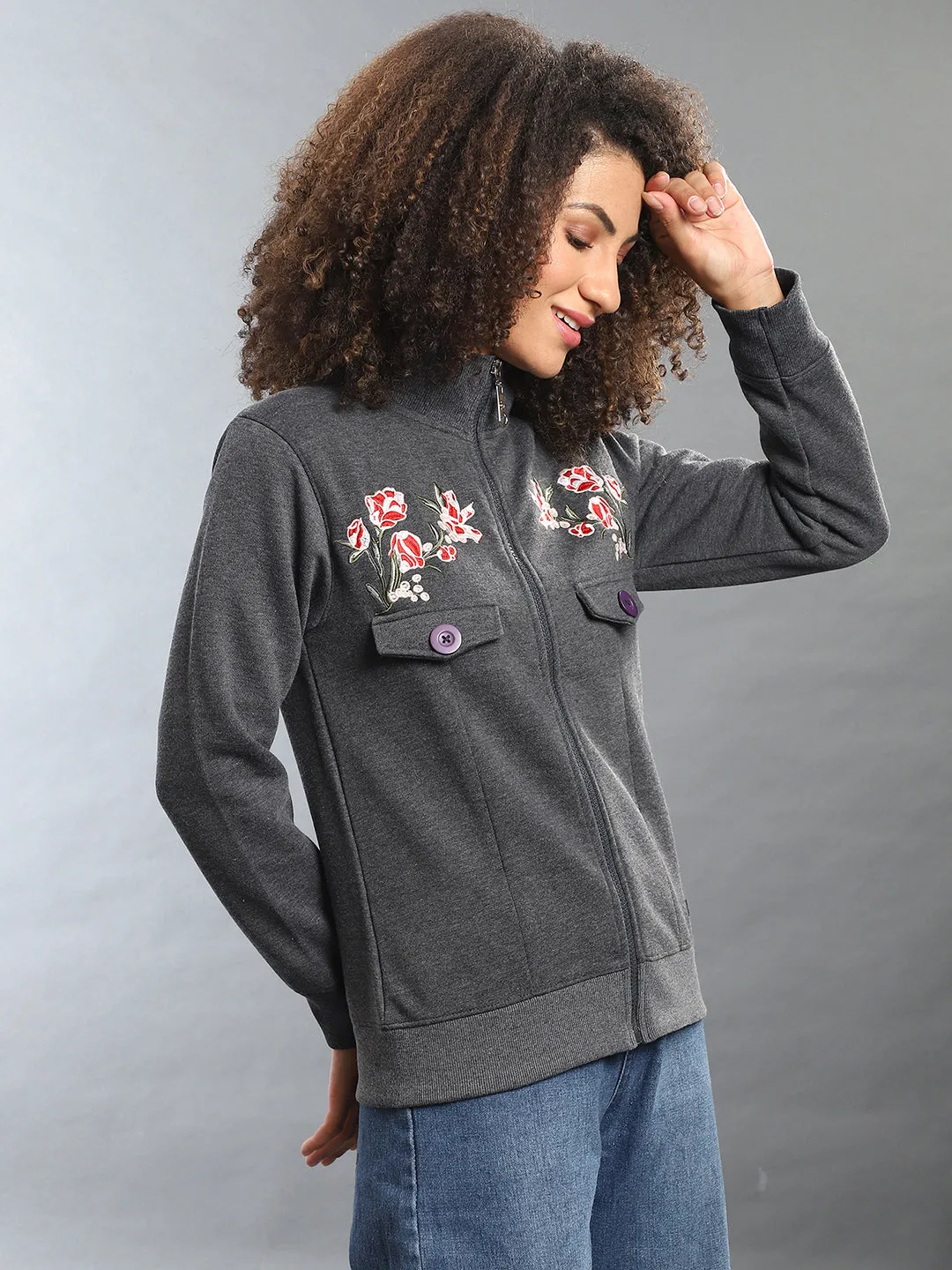 Embroidered Roses Sweatshirt With Zip Closure