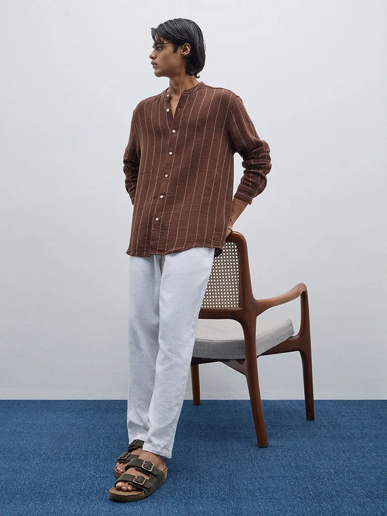 ETA Brown Striped Resort-Fit Cotton Blend Shirt