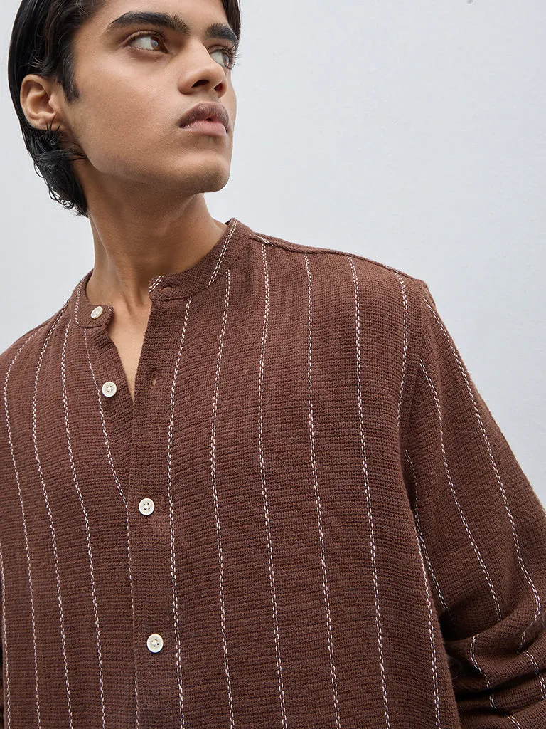 ETA Brown Striped Resort-Fit Cotton Blend Shirt