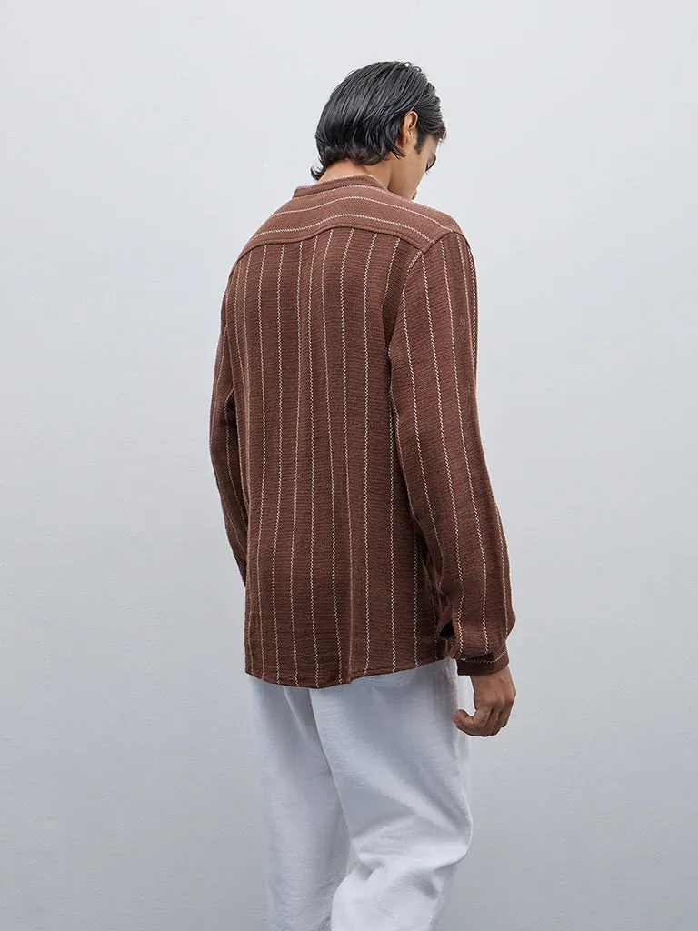 ETA Brown Striped Resort-Fit Cotton Blend Shirt