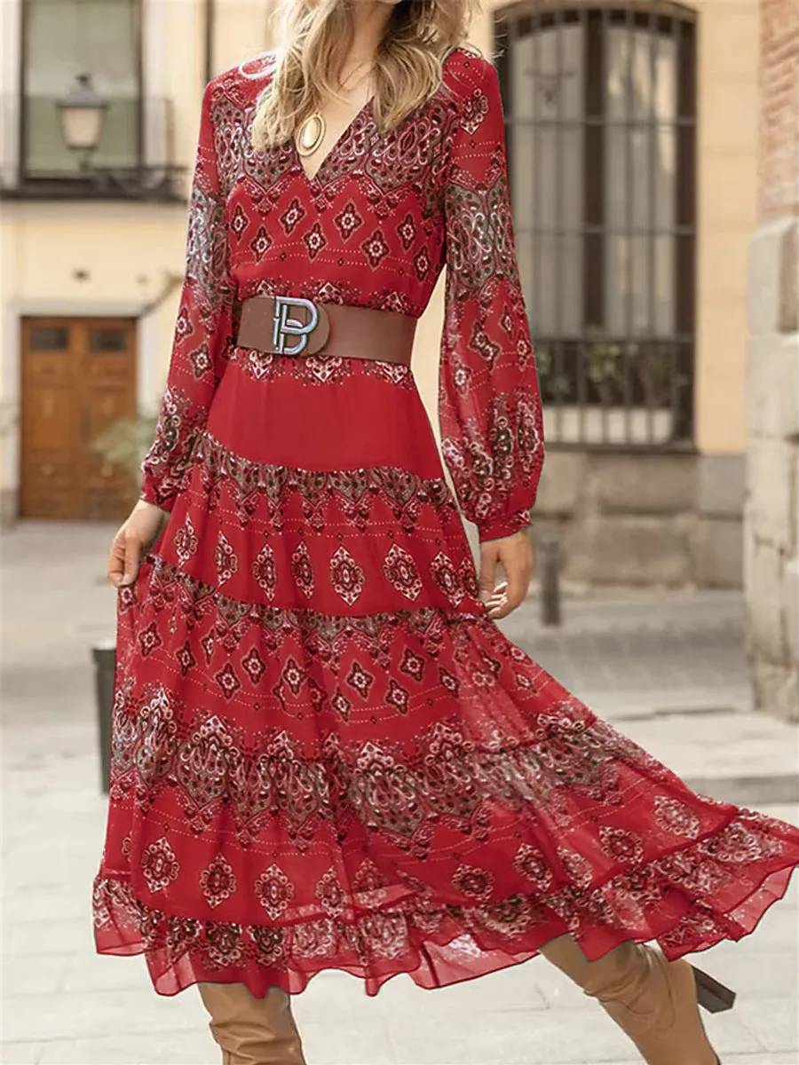Ethnic Style Pattern Printing Large Swing Dress