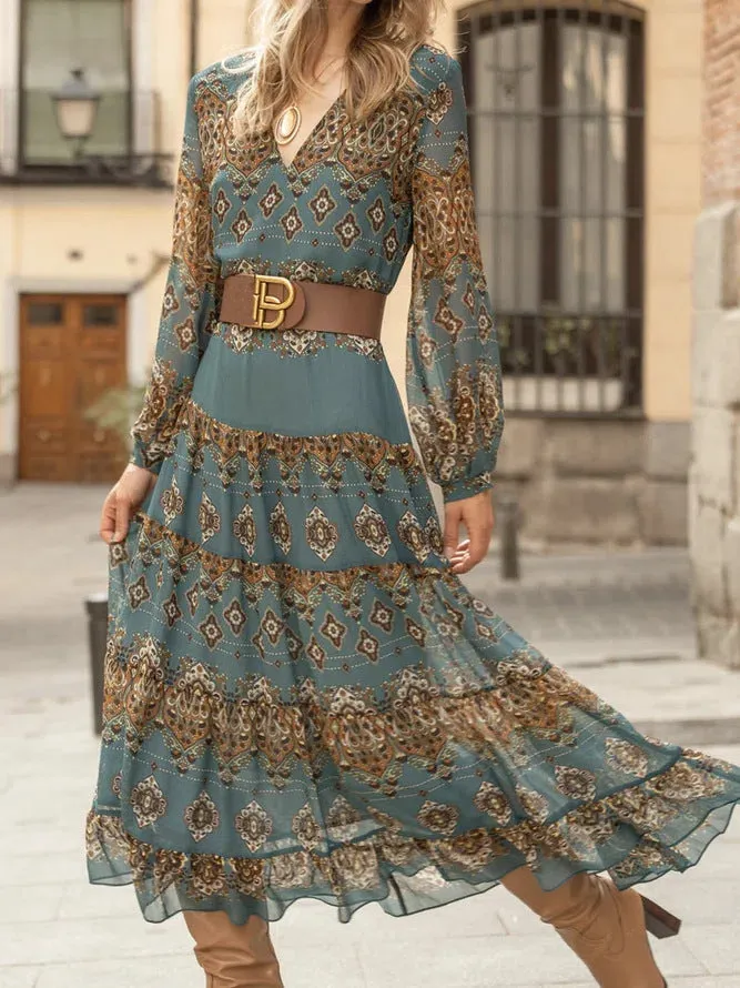 Ethnic Style Pattern Printing Large Swing Dress
